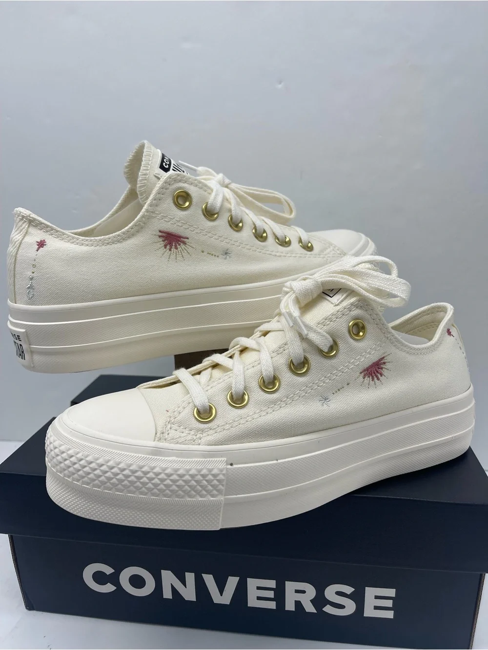 Converse STAC LIFT OX Platform Low Top Sneakers in Cream with Embroidered EGRET